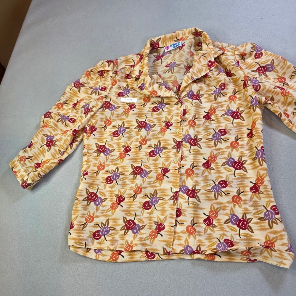 Vintage College Town Fruit Print Button Down Blouse Tan Orange Purple Distressed